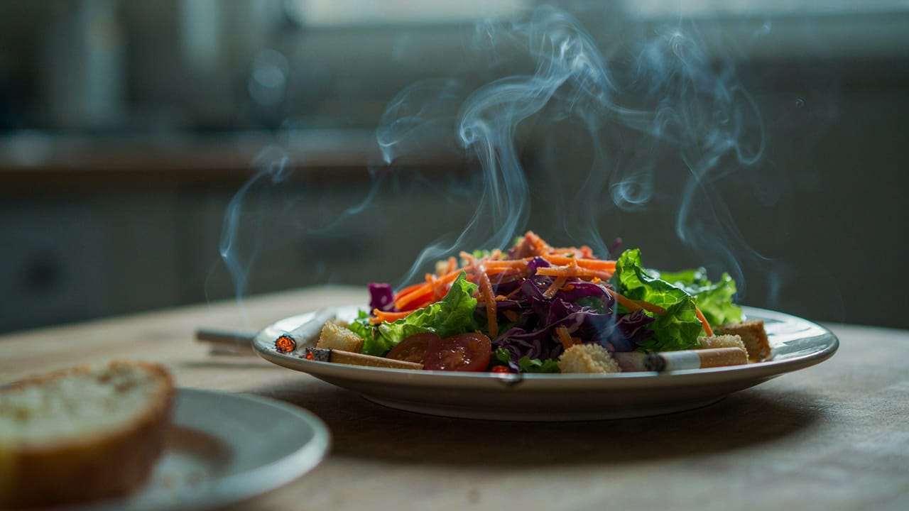 Un piatto di insalata con sigarette accese e fumo, per illustrare il rapporto tra fumo e alimentazione.