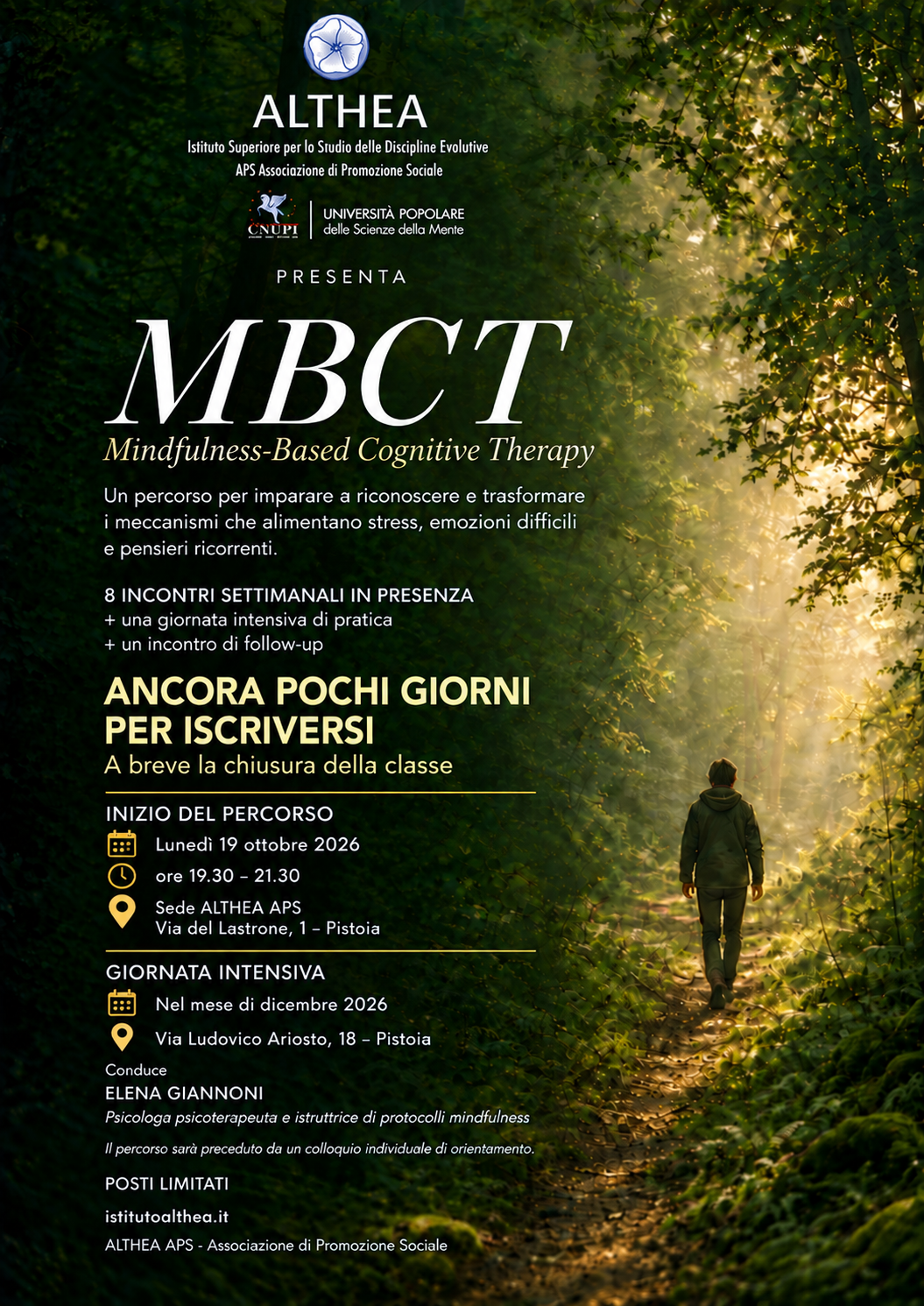Locandina corso MBCT ALTHEA dal 19 ottobre 2026 ore 19.30, via del Lastrone 1 Pistoia